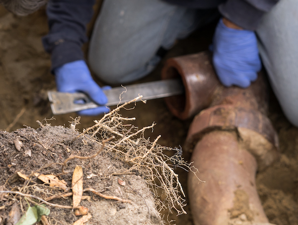 A plumber working on a pipe in the dirt.