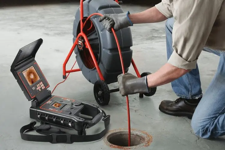 A man is using a pipe locator to find a hole in the ground.