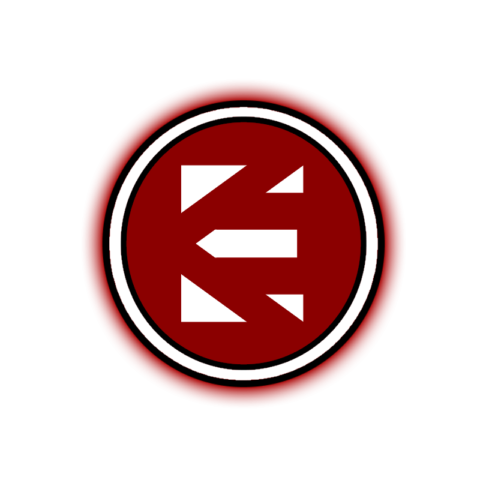 A red and white logo with the letter e.